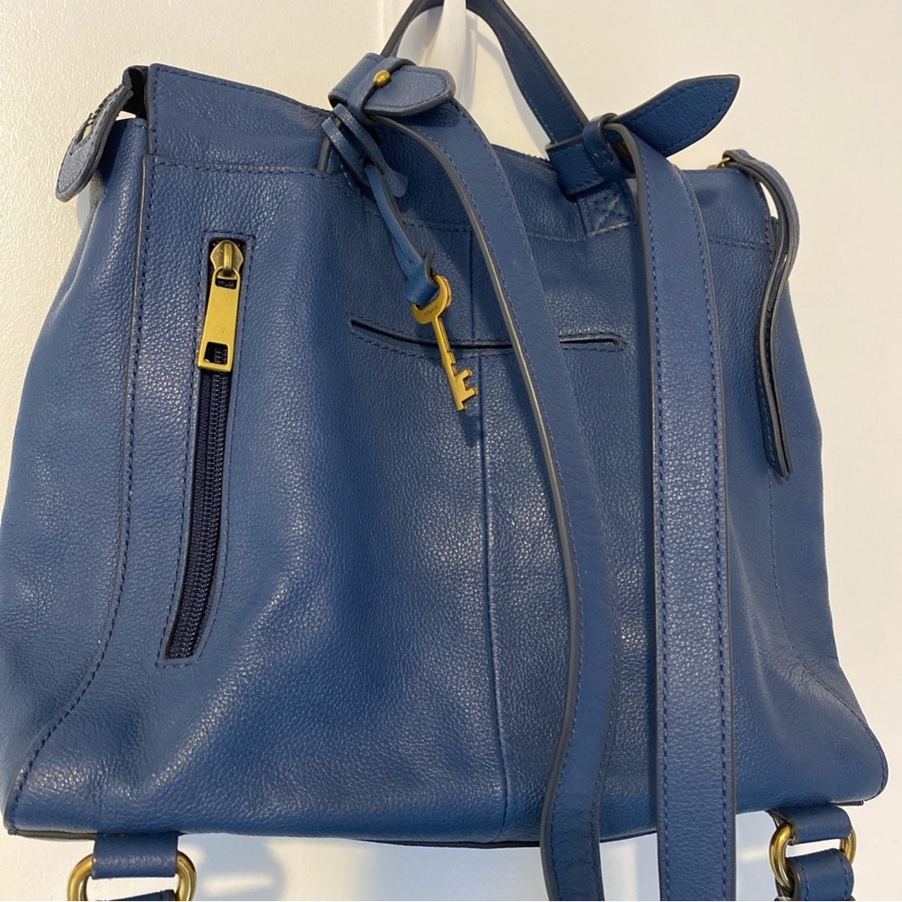 Fossil Elina Rich Blue Leather Convertible Backpack Back Inner Lining Dirty - Picture 5 of 15
